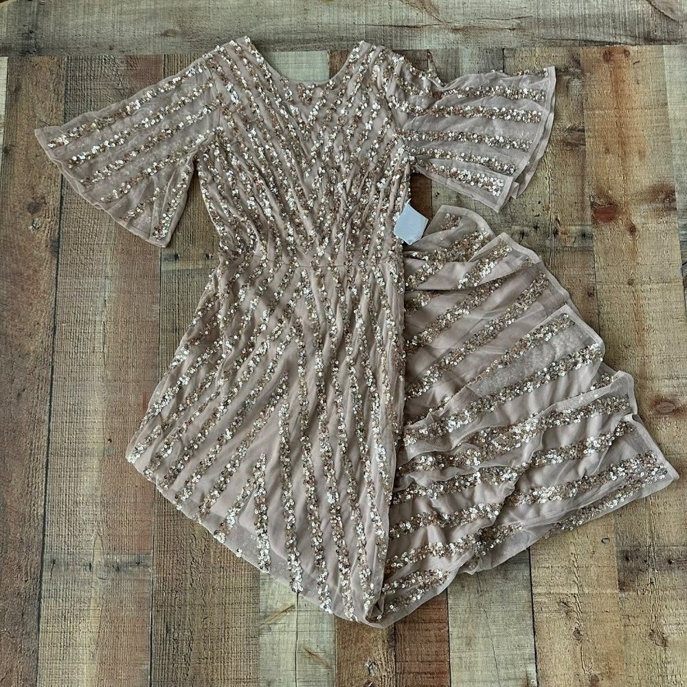 Maya Deluxe flutter Sleeve All Over Patterned Sequin Maxi Dress in Blush Taupe